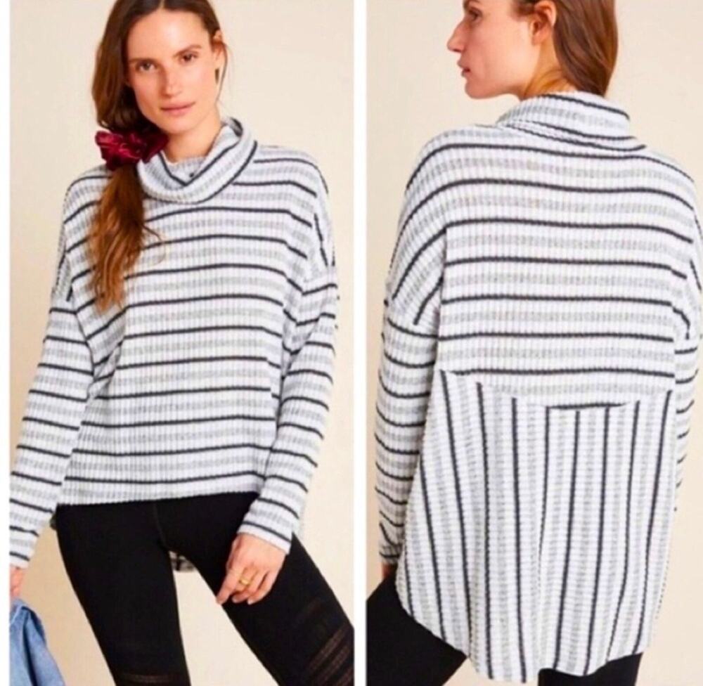 Anthro Saturday Sunday Pippa Hacci Stripe Cowl Neck Sweater Small Black White